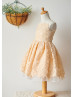 Illusion Neck Peach Lace Tulle Knee Length Flower Girl Dress